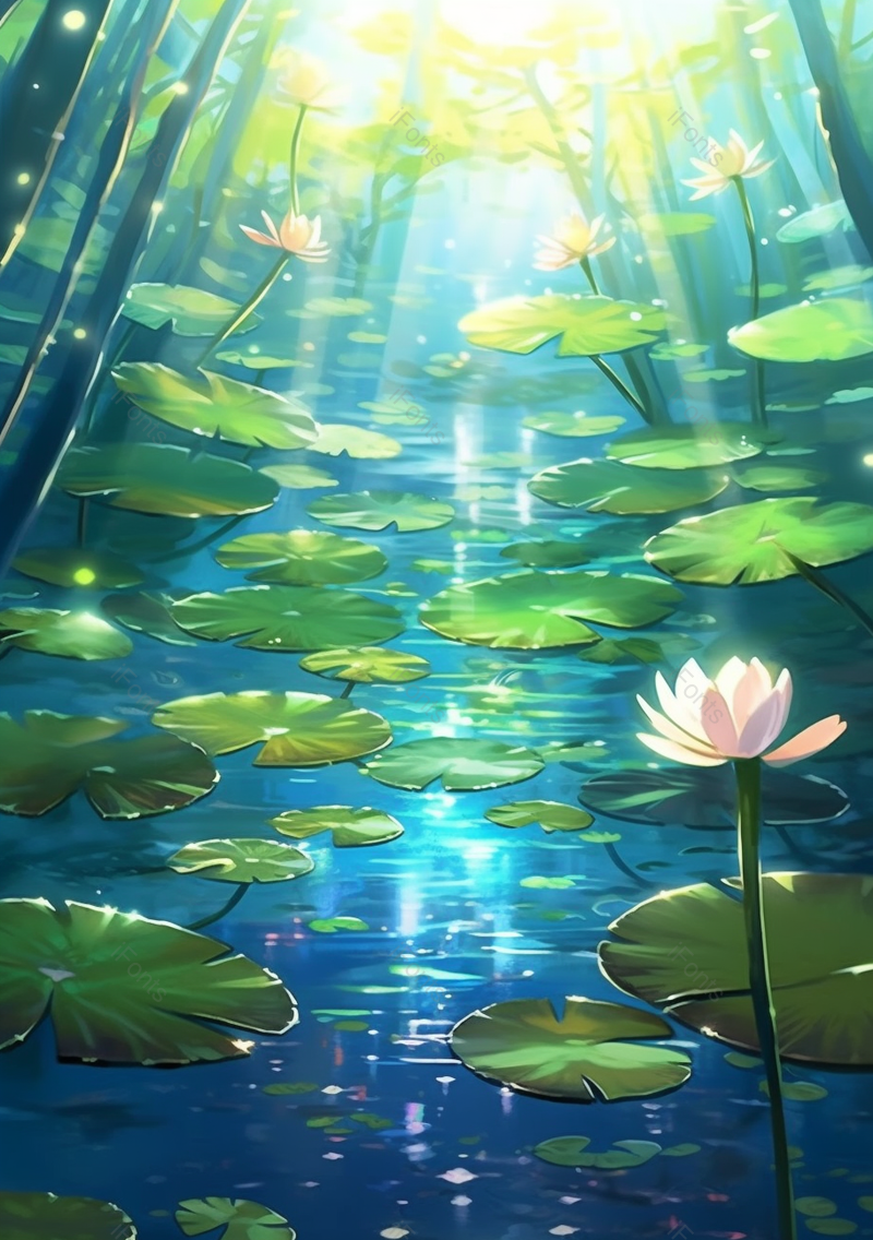 深林中荷塘荷花盛开美景插画绿色背景,插画/手绘图,插画/手绘图库,插画/手绘图下载,插画/手绘
